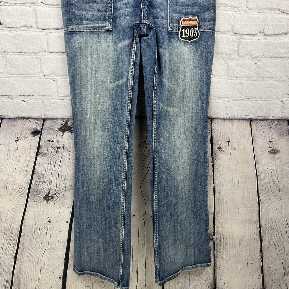 Harley Davidson Overalls Y2K Flare Leg Women's Sz 6 Patches Faded Logo Authentic - Picture 5 of 16